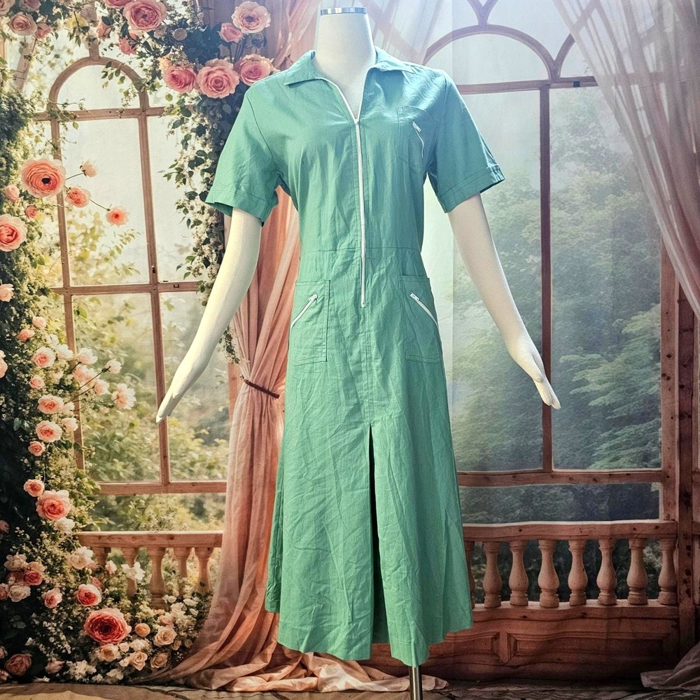 Vintage 1960s Dress  Housedress Blue Green Utility Zip Front Workwear Zip Pocket